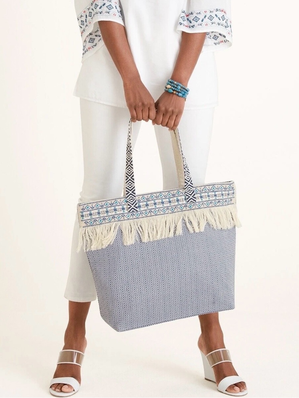 Chico’s Boho Diamond-Embroidered Fringe Tote Beach Bag Large 100% cotton $129